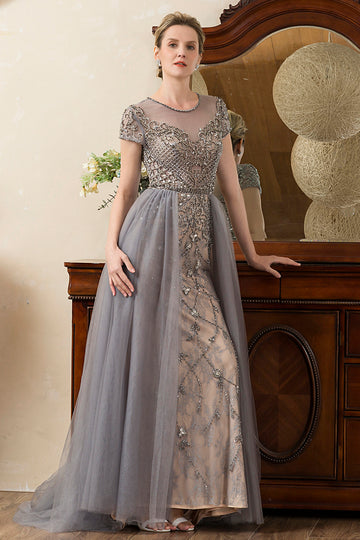 Grey A Line Tulle Beaded Glitter Mother of the Bride Dress